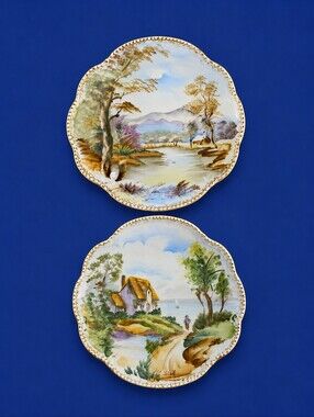 WALES MCM Japanese Handpainted Country Scene Scallop Porcelain Wall Plates